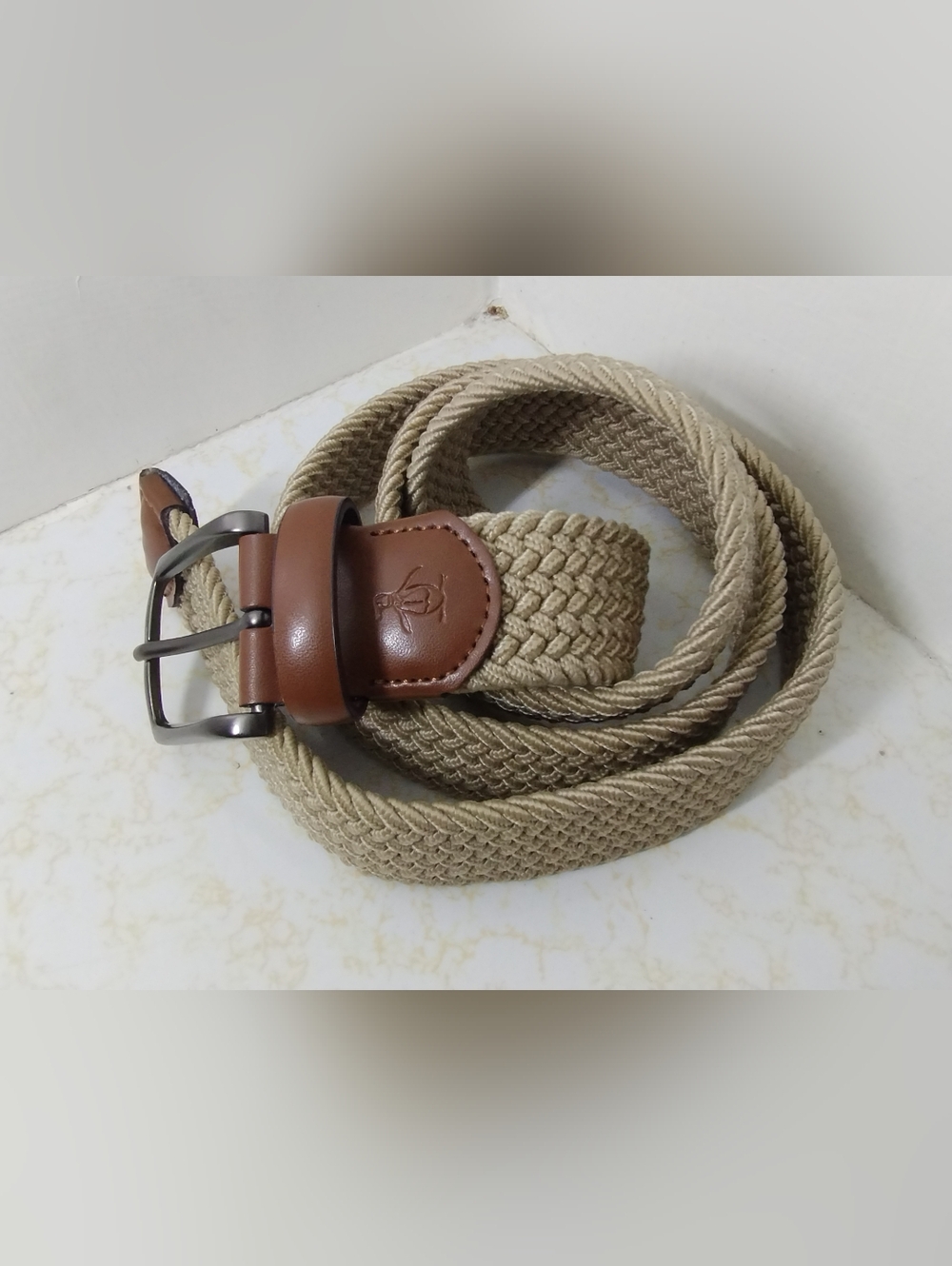 Original Penguin Tan Braided Stretch Belt with Brown Leather Trim